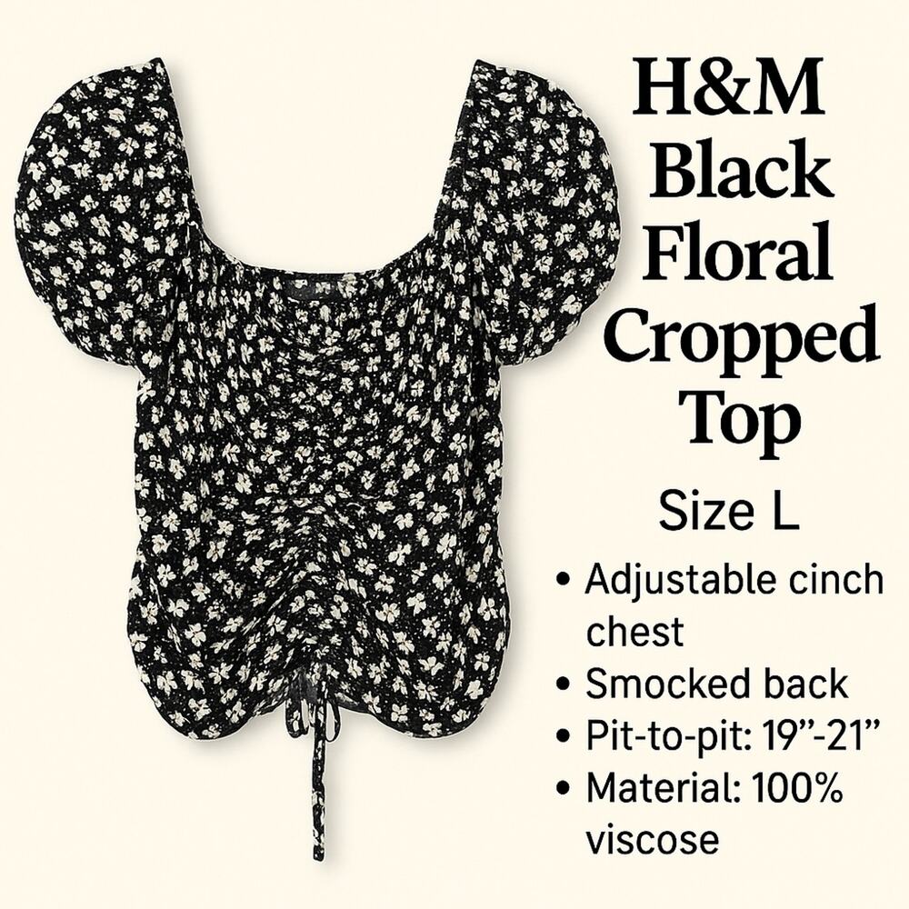 H&M Black and White Smocked Puff Sleeve Blouse